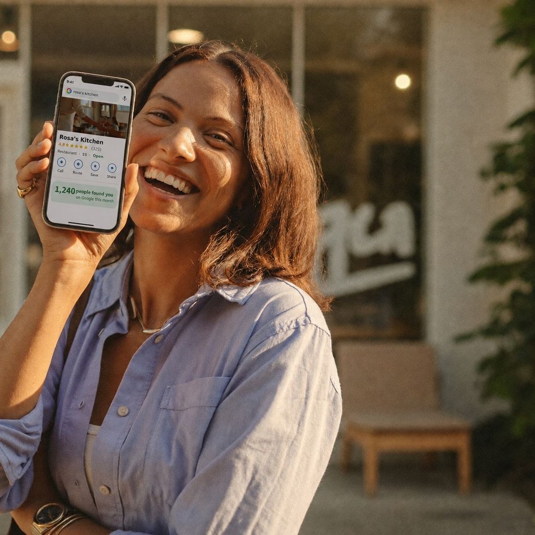 A local shop owner holding their phone showing their business page in front of their store