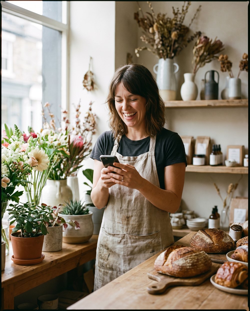 A smiling shop owner in an apron updating their page on a phone